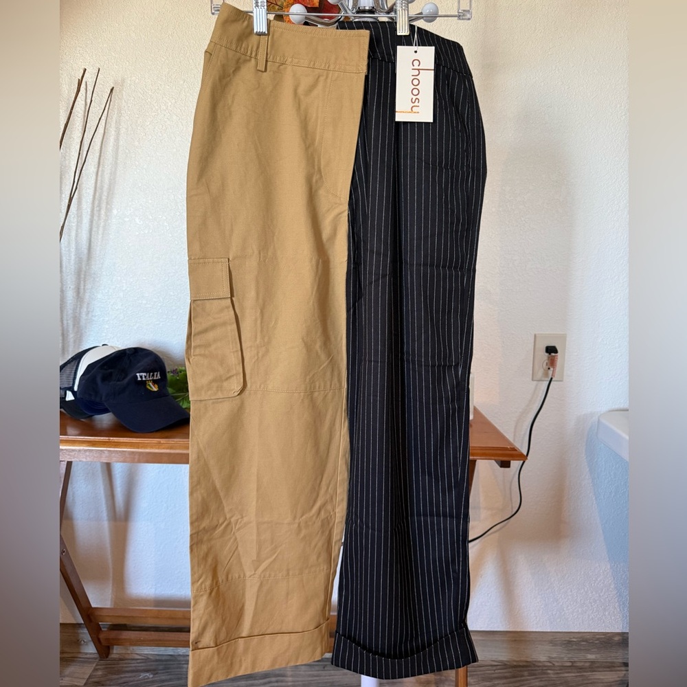 Choosy Two Tone Cargo Pinstripe Pants NWT Colorblock Wide Leg Size 4
